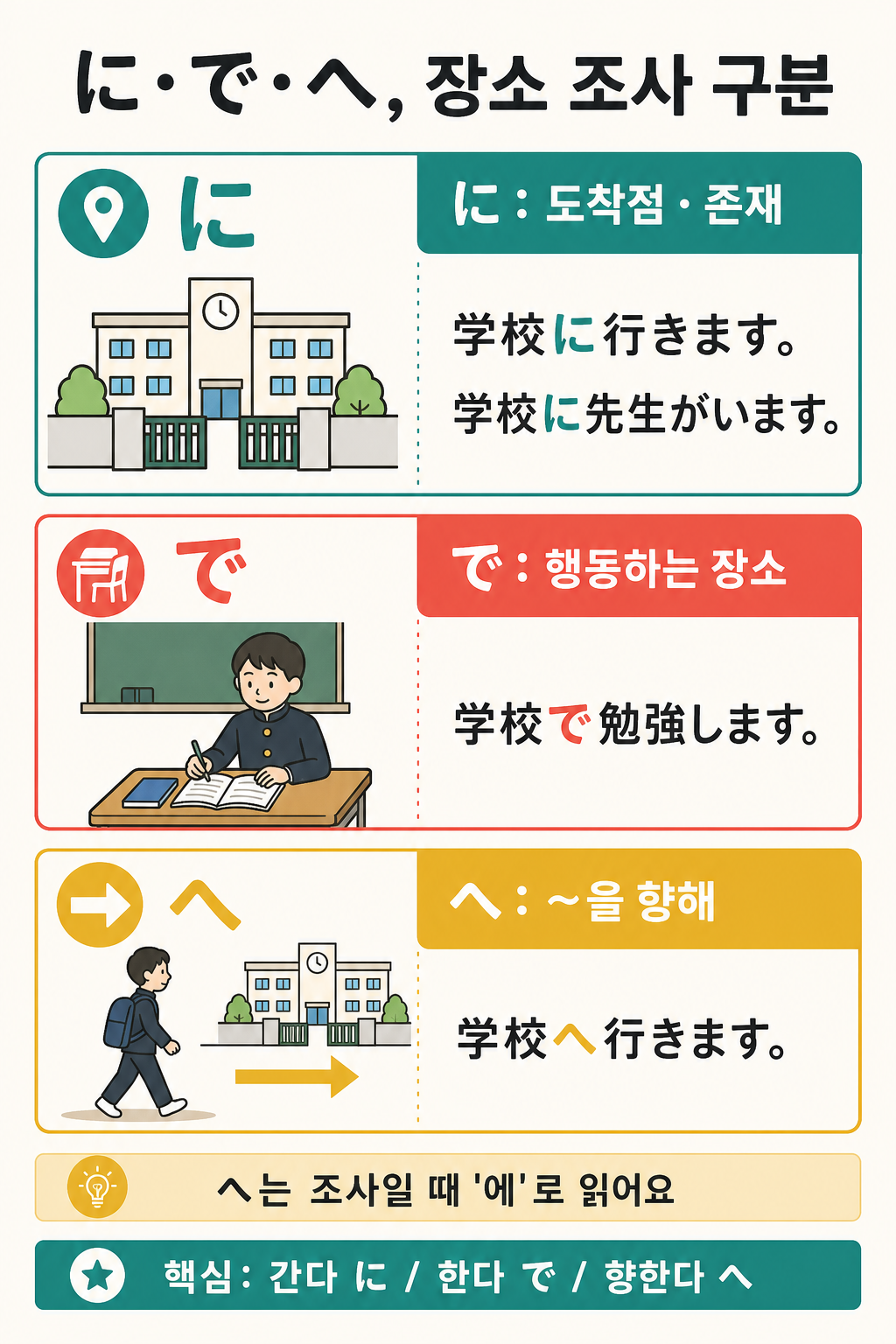 일본어 장소 조사 に, で, へ의 도착점, 행동 장소, 방향 차이를 정리한 학습 인포그래픽