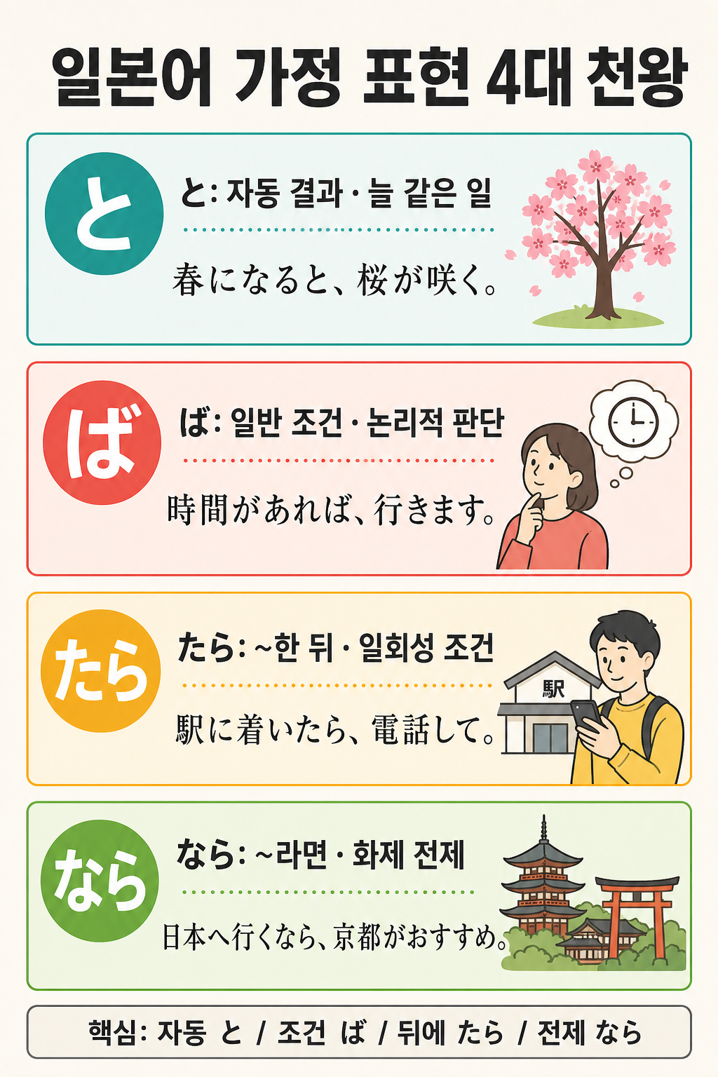 일본어 가정 표현 と, ば, たら, なら의 핵심 뉘앙스와 예문을 비교한 학습 인포그래픽